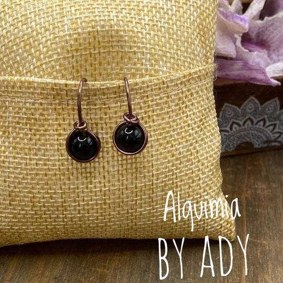 Black Onyx and solid brass dangle drop earrings - Picture 1 of 5